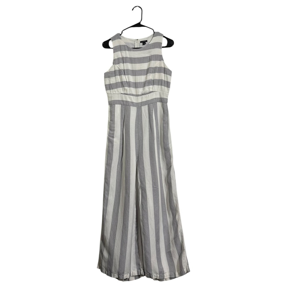 Ann Taylor  Linen Blend Wide Leg Jumpsuit Factory Grey White Striped Women's XS